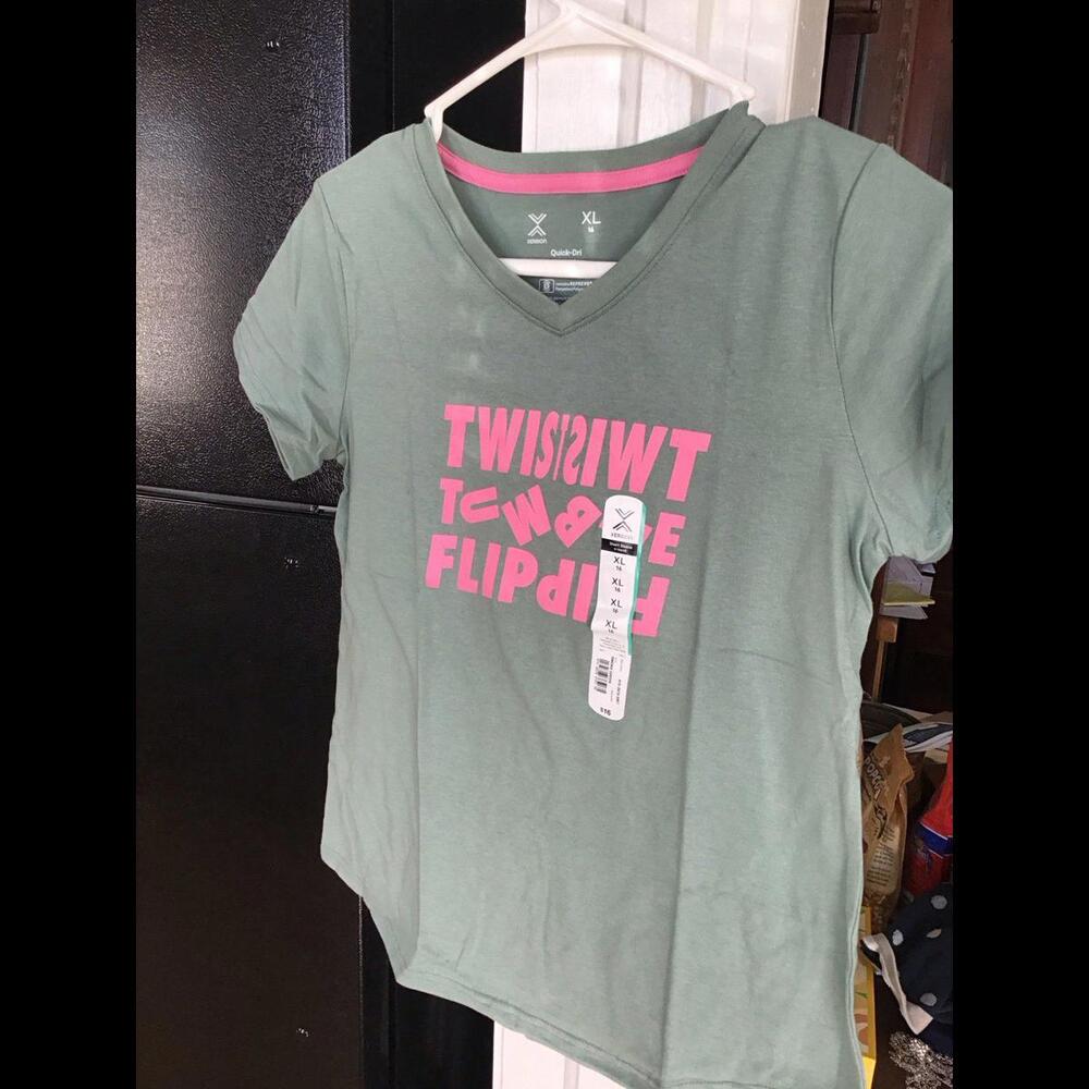 Xersion girls tshirt, new, quick dri, xl, 16, jcpenny, smoke green, graphic